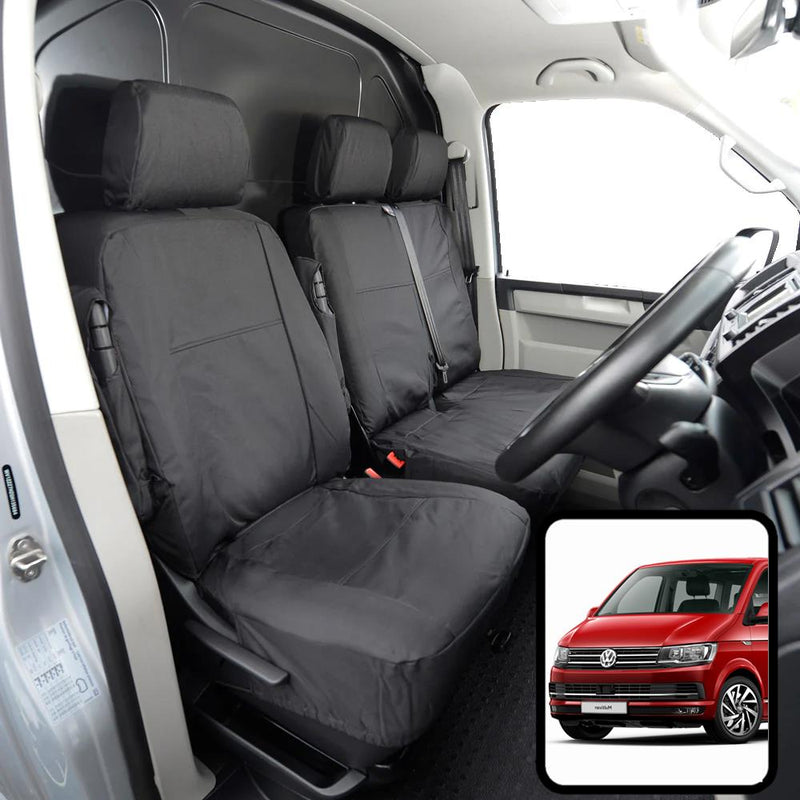 VW Transporter (T5 2010-2015) - Tailored Front Row w/ Armrest Seat Covers in Black (1+2)