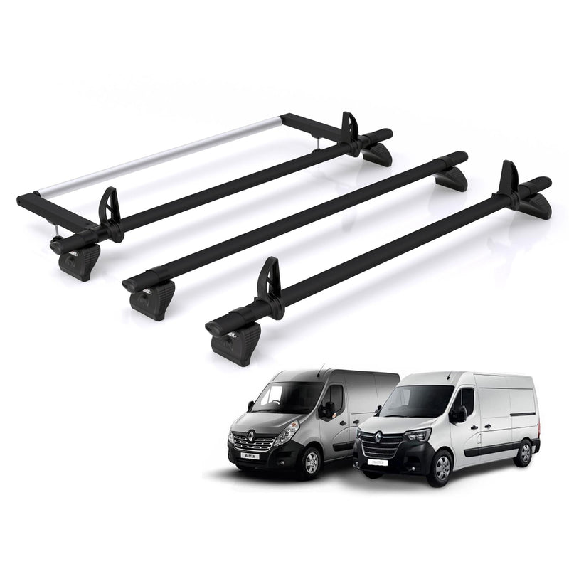 Renault Master (2010-2024) - 3 Rhino Kammbar Black Roof Bars + Roller (Aluminium)