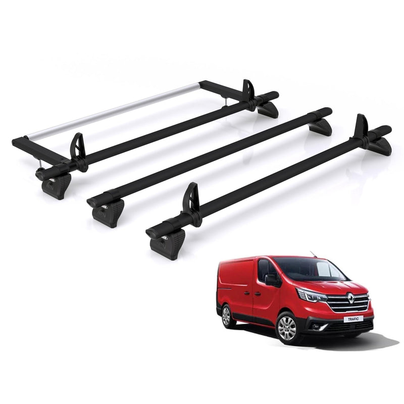 Renault Trafic (2014-) - 3 Rhino Kammbar Black Roof Bars + Roller (Aluminium)