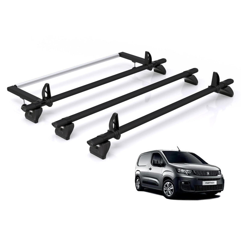 Peugeot Partner (2018-) - 3 Rhino Kammbar Black Roof Bars + Roller (Aluminium)
