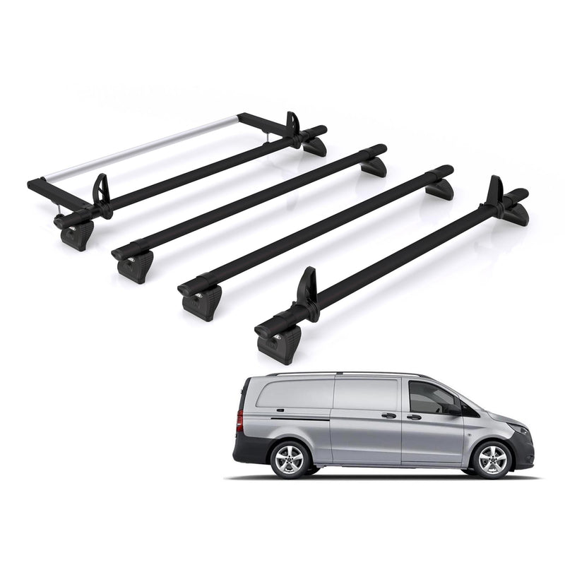 Mercedes Vito (2014-) - 4 Rhino Kammbar Black Roof Bars + Roller (Aluminium)