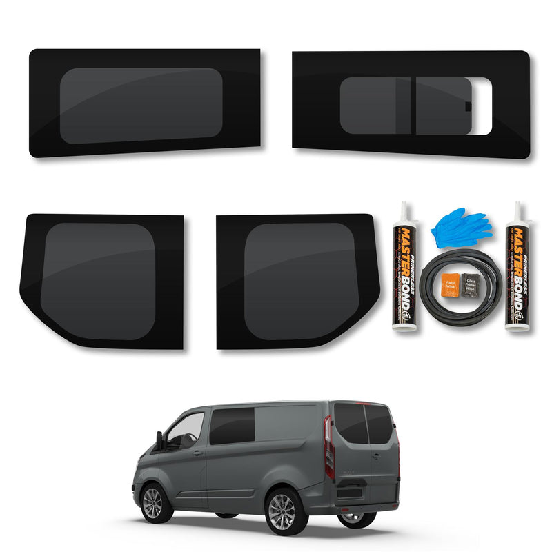 Ford Transit Custom (2013-2023) Driver Opening Passenger Fixed Side and Rear Door Window Privacy Camper Glass Full Kit with Fitting Kit