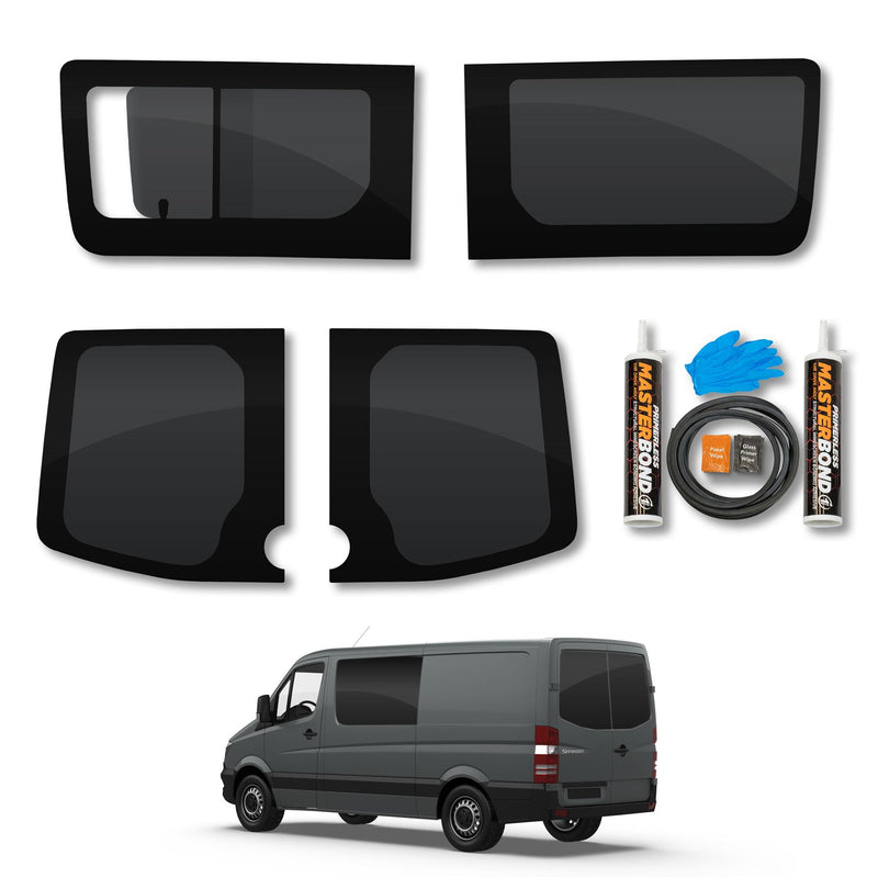 Mercedes Sprinter (2006-2018) Driver Fixed Passenger Opening Side and Rear Door Window Privacy Camper Glass Full Kit with Fitting Kit