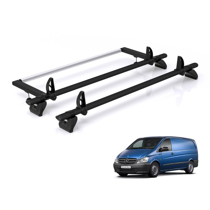 Mercedes Vito (2003-2014) - 2 Rhino Kammbar Black Roof Bars + Roller (Aluminium)