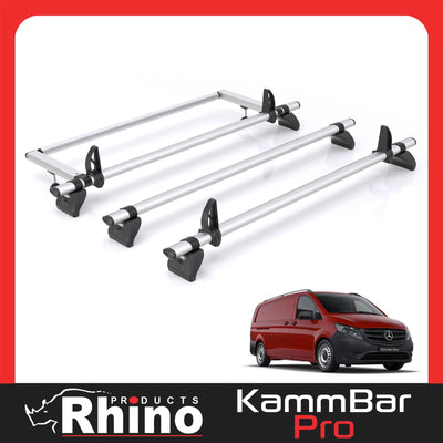 Mercedes Vito (2014-) - 3 Rhino Kammbar Pro Roof Bars + Roller (Aluminium)