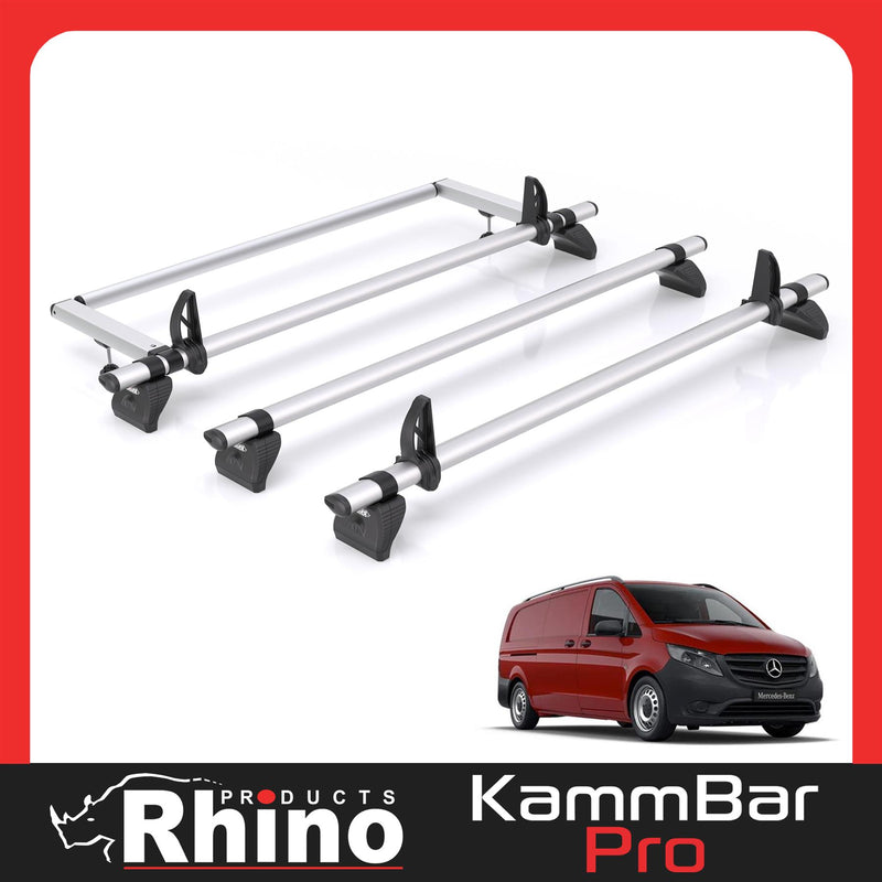 Mercedes Vito (2014-) - 3 Rhino Kammbar Pro Roof Bars + Roller (Aluminium)