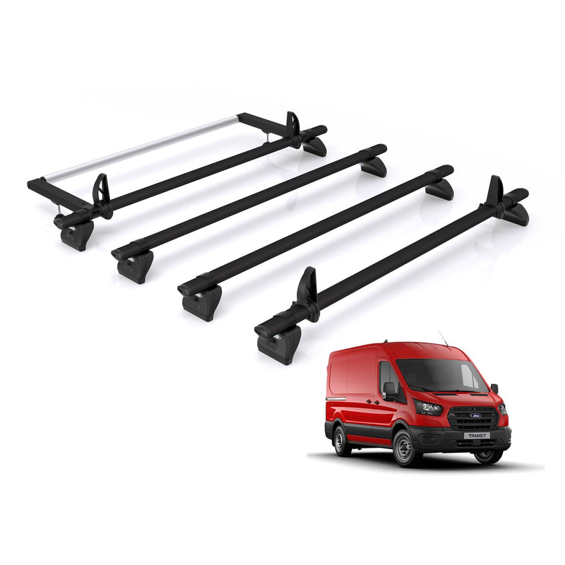 Ford Transit (2013-2024) - 3 Rhino Kammbar Black Roof Bars + Roller (Aluminium)