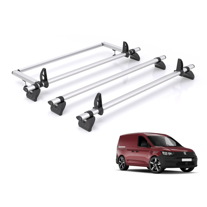 VW Caddy (2020-) - 3 Rhino Kammbar Pro Roof Bars + Roller (Aluminium)