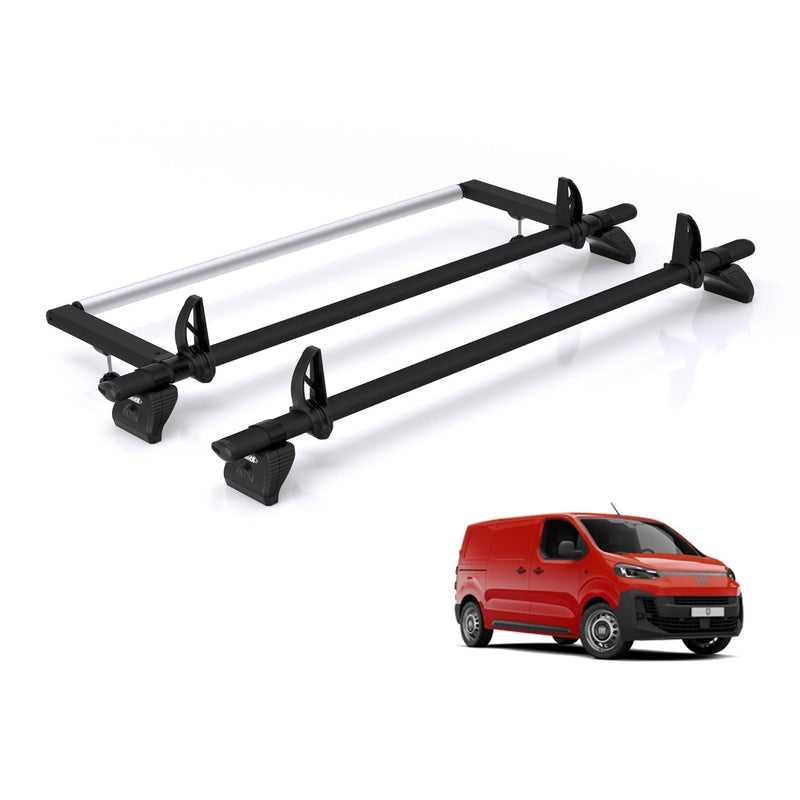 Fiat Scudo (2022-) - 2 Rhino Kammbar Black Roof Bars + Roller (Aluminium)