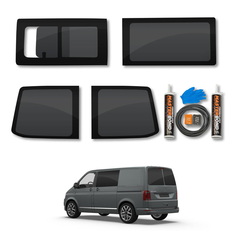 VW Transporter T6 (2015-2022) Driver Fixed Passenger Opening Side and Rear Door Window Privacy Camper Glass Full Kit with Fitting Kit