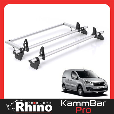Peugeot Partner (2008-2018) - 2 Rhino Kammbar Pro Roof Bars + Roller (Aluminium)