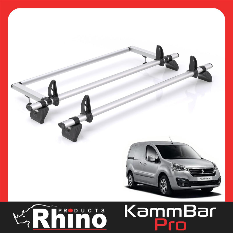 Peugeot Partner (2008-2018) - 2 Rhino Kammbar Pro Roof Bars + Roller (Aluminium)