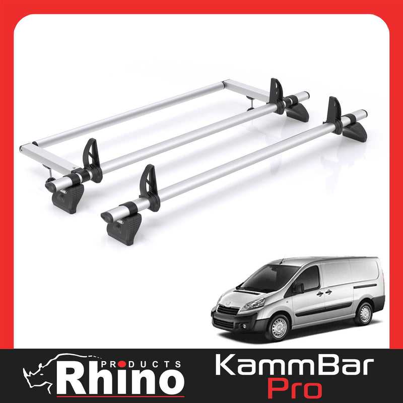 Peugeot Expert (2007-2016) - 2 Rhino Kammbar Pro Roof Bars + Roller (Aluminium)