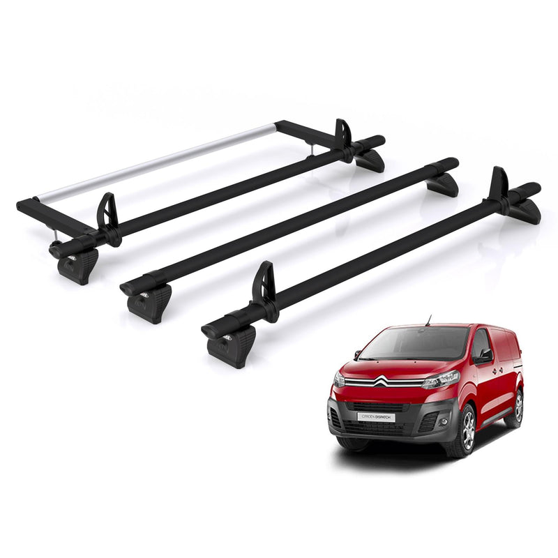 Citroen Dispatch (2016-) - 3 Rhino Kammbar Black Roof Bars + Roller (Aluminium)