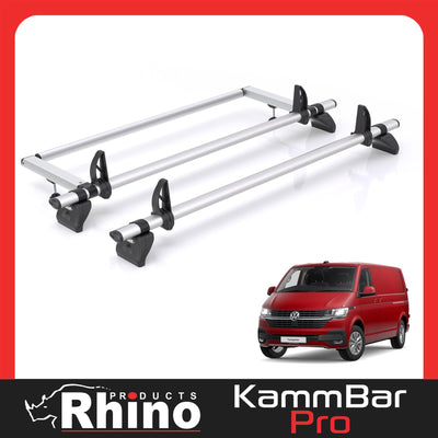 VW Transporter (2003-2024) - 2 Rhino Kammbar Pro Roof Bars + Roller (Aluminium)