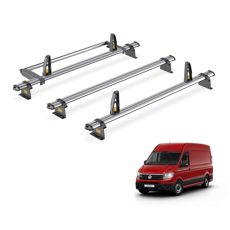 VW Crafter Roof Rack for 2017+ 3x Roof Bars & Roller & Loadstops Van Guard Trade