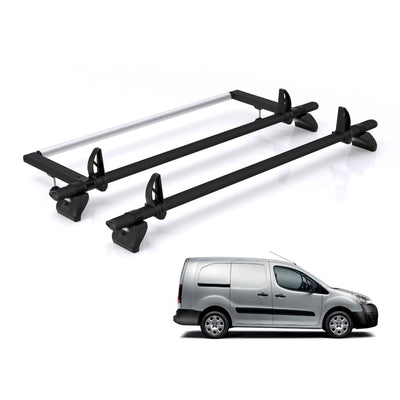 Peugeot Partner (2008-2018) - 2 Rhino Kammbar Black Roof Bars + Roller (Aluminium)
