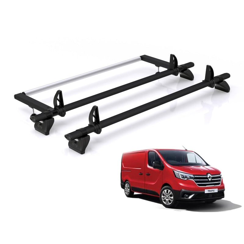 Vauxhall Vivaro (2014-2019) - 2 Rhino Kammbar Black Roof Bars + Roller (Aluminium)