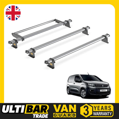 Peugeot Partner (2018-) - 3 Van Guard Ultibar Trade Roof Bars + Roller
