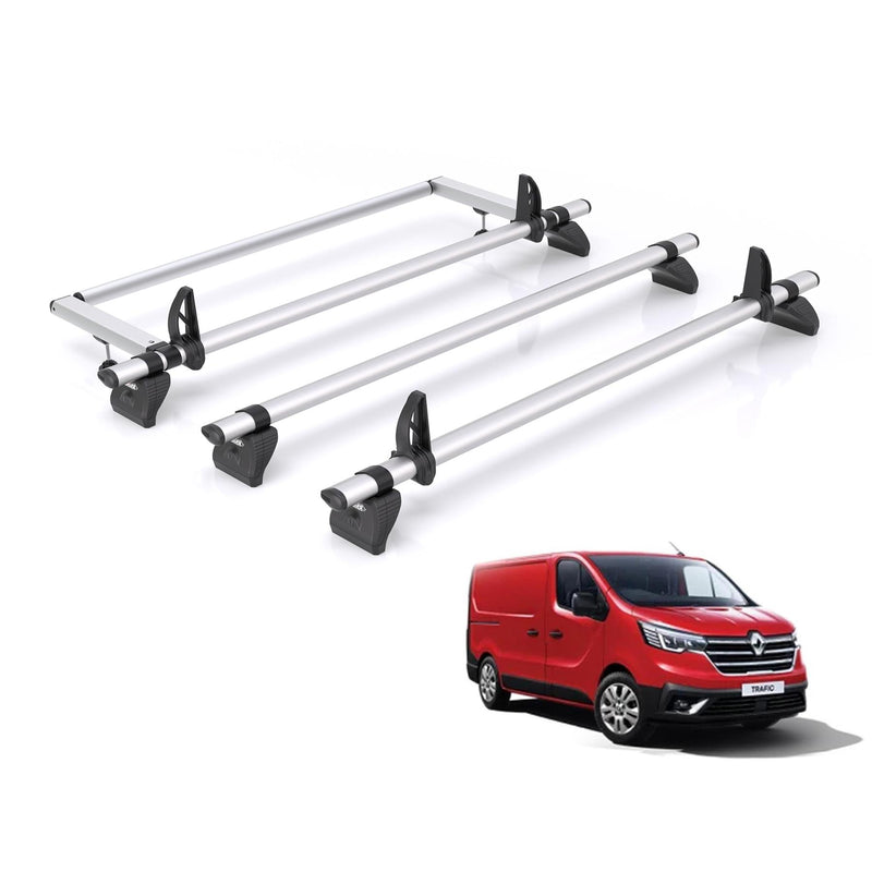 Renault Trafic (2014-) - 3 Rhino Kammbar Pro Roof Bars + Roller (Aluminium)