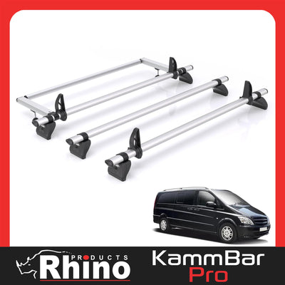 Mercedes Vito (2003-2014) - 3 Rhino Kammbar Pro Roof Bars + Roller (Aluminium)