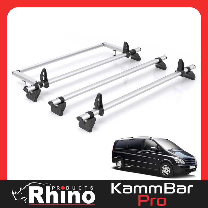 Mercedes Vito (2003-2014) - 3 Rhino Kammbar Pro Roof Bars + Roller (Aluminium)
