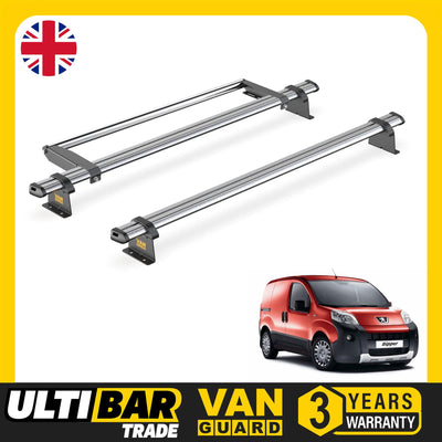 Peugeot Bipper (2008-) - 2 Van Guard Ultibar Trade Roof Bars + Roller