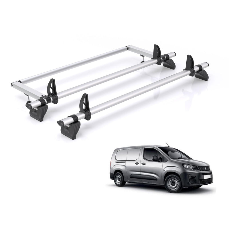 Peugeot Partner (2018-) - 2 Rhino Kammbar Pro Roof Bars + Roller (Aluminium)