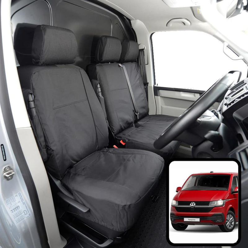 VW Transporter (T6 2015-) - Tailored Front Seat Covers in Black w/Armrests (1+2)
