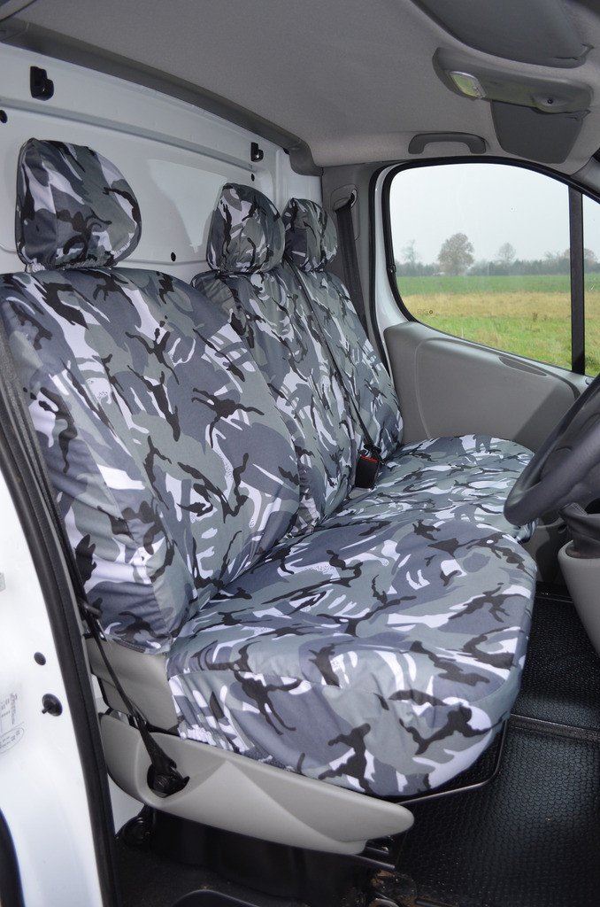 Grey Camo Driver Armrest Front Passenger Seat Covers for Vauxhall Vivaro (01-14)