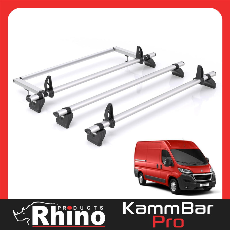 Peugeot Boxer (2006-) - 3 Rhino Kammbar Pro Roof Bars + Roller (Aluminium)