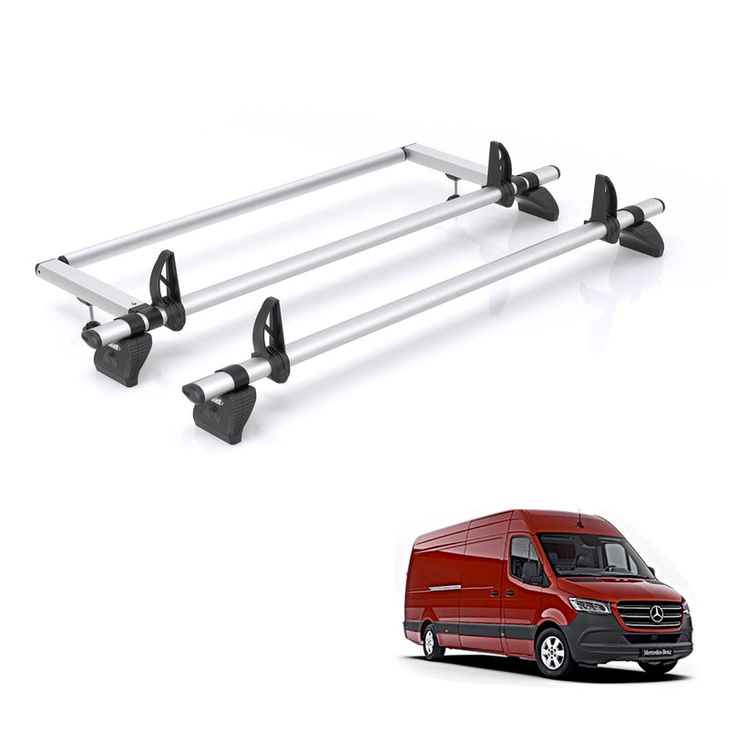 Mercedes Sprinter (2018-) - 2 Rhino Kammbar Pro Roof Bars + Roller (Aluminium)