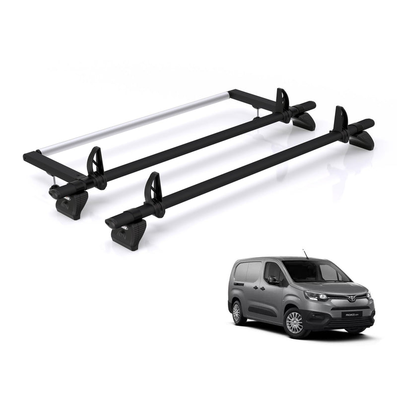 Toyota ProAce (2020-) City - 2 Rhino Kammbar Black Roof Bars + Roller (Aluminium)