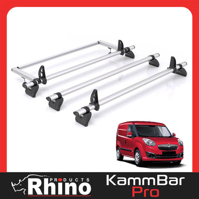 Vauxhall Combo (2012-2018) - 3 Rhino Kammbar Pro Roof Bars + Roller (Aluminium)