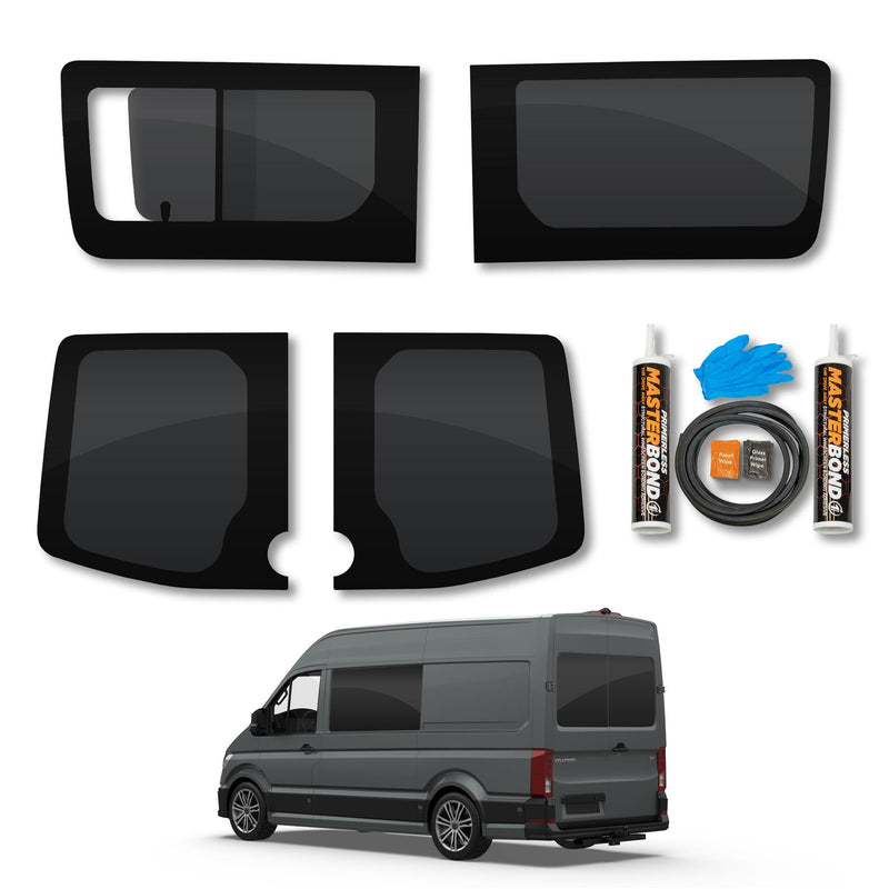 VW Crafter (2006-2017) Driver Fixed Passenger Opening Side and Rear Door Window Privacy Camper Glass Full Kit with Fitting Kit