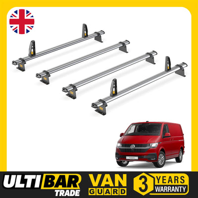 VW Transporter Roof Rack for 2015+ (T6) 4x Bars + Loadstops Van Guard Ulti Trade