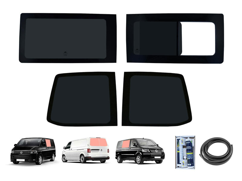 VW Transporter T5 (2003-2015) Driver Opening Passenger Fixed Side and Rear Door Window Privacy Camper Glass Full Kit with Fitting Kit