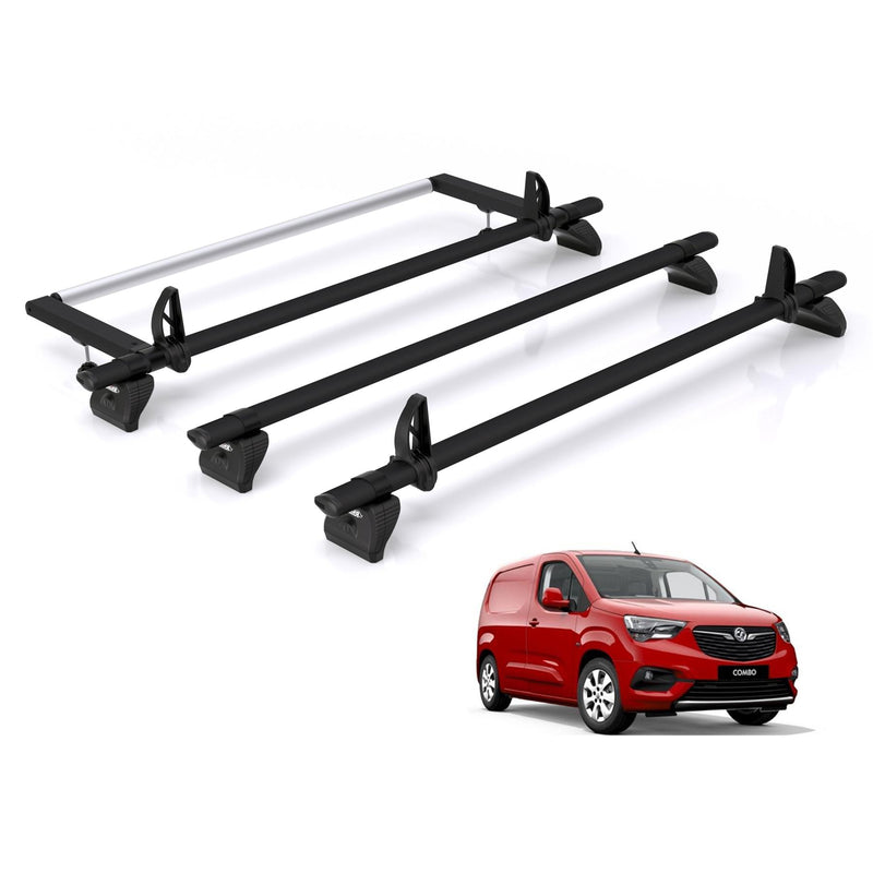 Vauxhall Combo (2018-) - 3 Rhino Kammbar Black Roof Bars + Roller (Aluminium)
