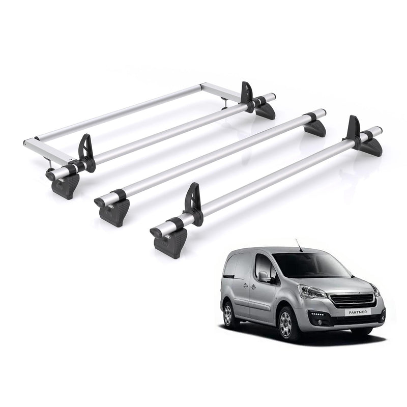 Peugeot Partner (2008-2018) - 3 Rhino Kammbar Pro Roof Bars + Roller (Aluminium)