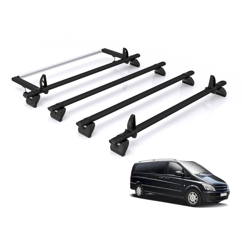 Mercedes Vito (2003-2014) - 4 Rhino Kammbar Black Roof Bars + Roller (Aluminium)