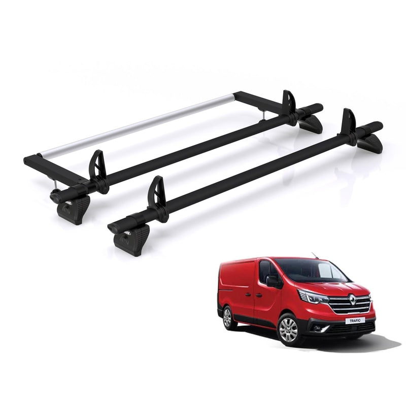 Renault Trafic (2014-) - 2 Rhino Kammbar Black Roof Bars + Roller (Aluminium)
