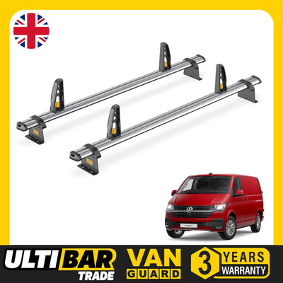 VW Transporter Roof Rack for 2015+ (T6) 2x Bars + Loadstops Van Guard Ulti Trade