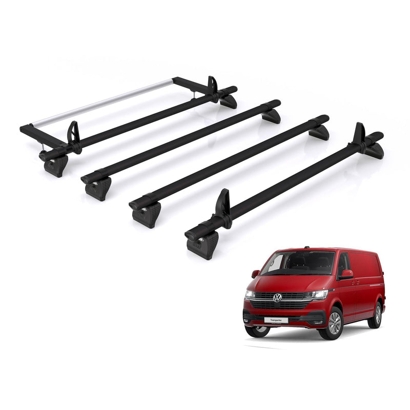 VW Transporter (2003-2024) - 4 Rhino Kammbar Black Roof Bars + Roller (Aluminium)