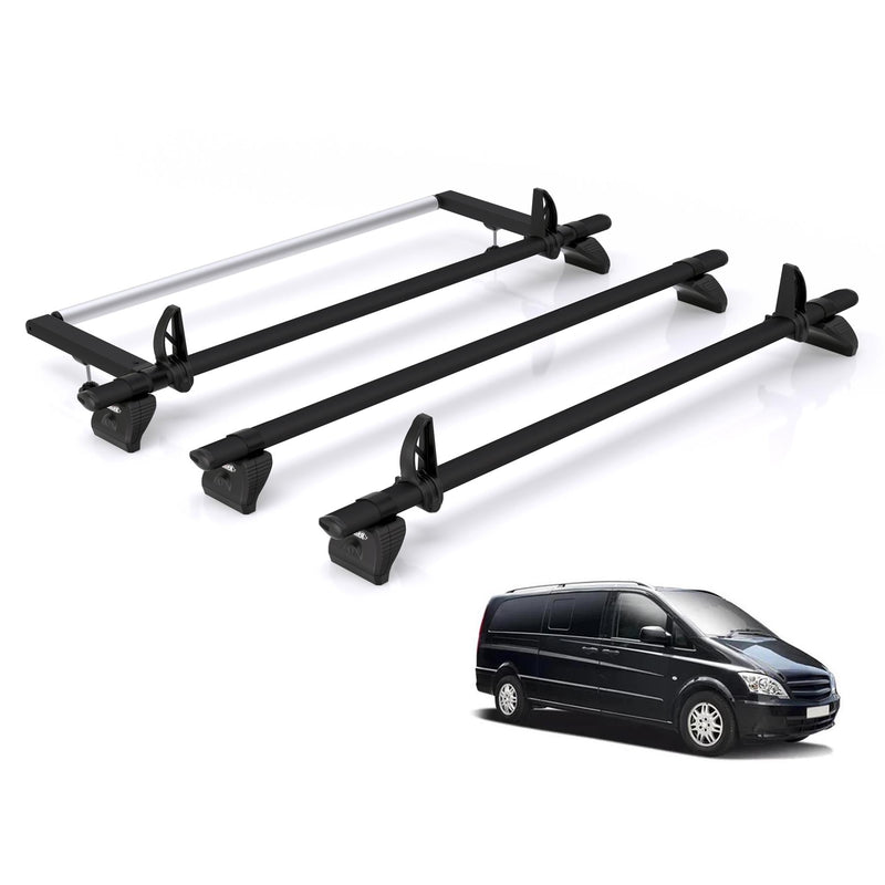Mercedes Vito (2003-2014) - 3 Rhino Kammbar Black Roof Bars + Roller (Aluminium)