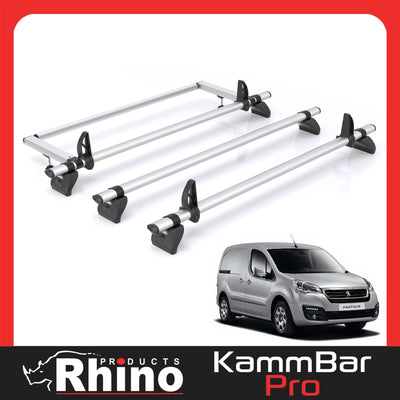 Peugeot Partner (2008-2018) - 3 Rhino Kammbar Pro Roof Bars + Roller (Aluminium)