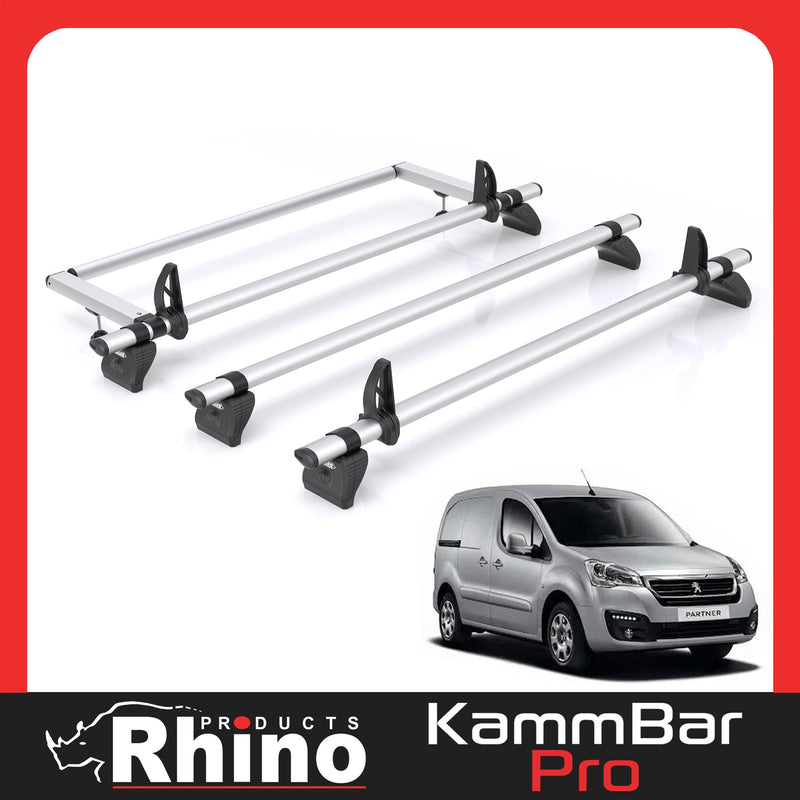 Peugeot Partner (2008-2018) - 3 Rhino Kammbar Pro Roof Bars + Roller (Aluminium)