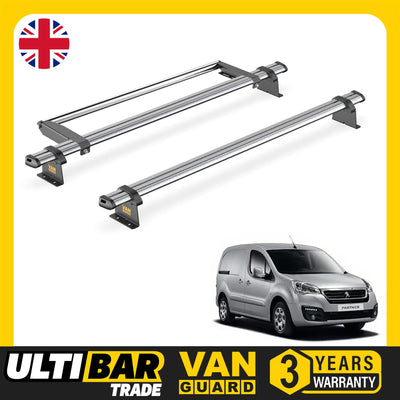 Peugeot Partner (2008-2018) - 2 Van Guard Ultibar Trade Roof Bars + Roller
