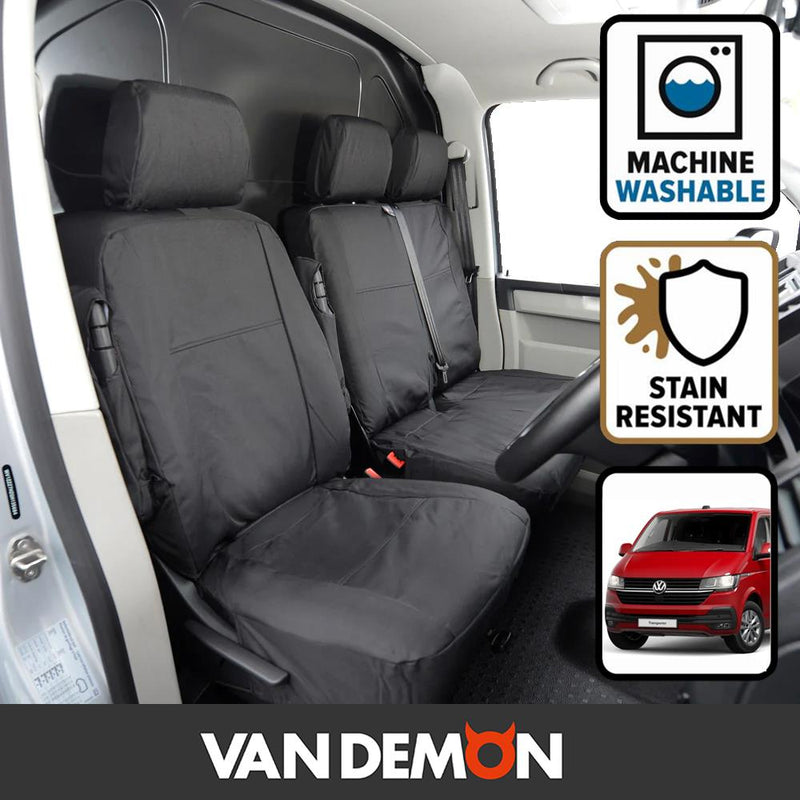 VW Transporter (T6 2015-) - Tailored Front Seat Covers in Black w/Armrests (1+2)