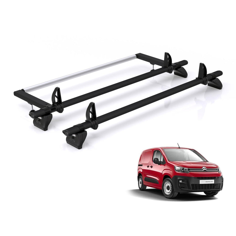 Citroen Berlingo (2018-) - 2 Rhino Kammbar Black Roof Bars + Roller (Aluminium)