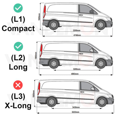Mercedes Vito (2014-) - 2 Rhino Kammbar Black Roof Bars + Roller (Aluminium)